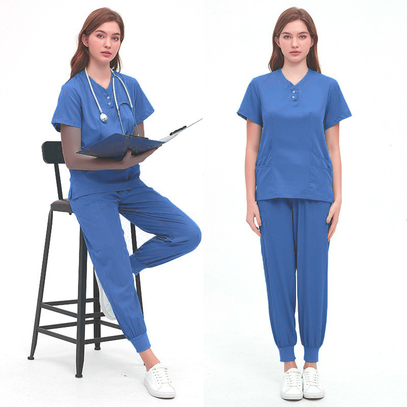 Unisex zdravotnícka súprava pre kozmetické salóny a zubné kliniky, materiál polyester-spandex s odvádzaním vlhkosti, krátke rukávy, V-krk, dvojdielny set (vrch a nohavice), jar 2024.