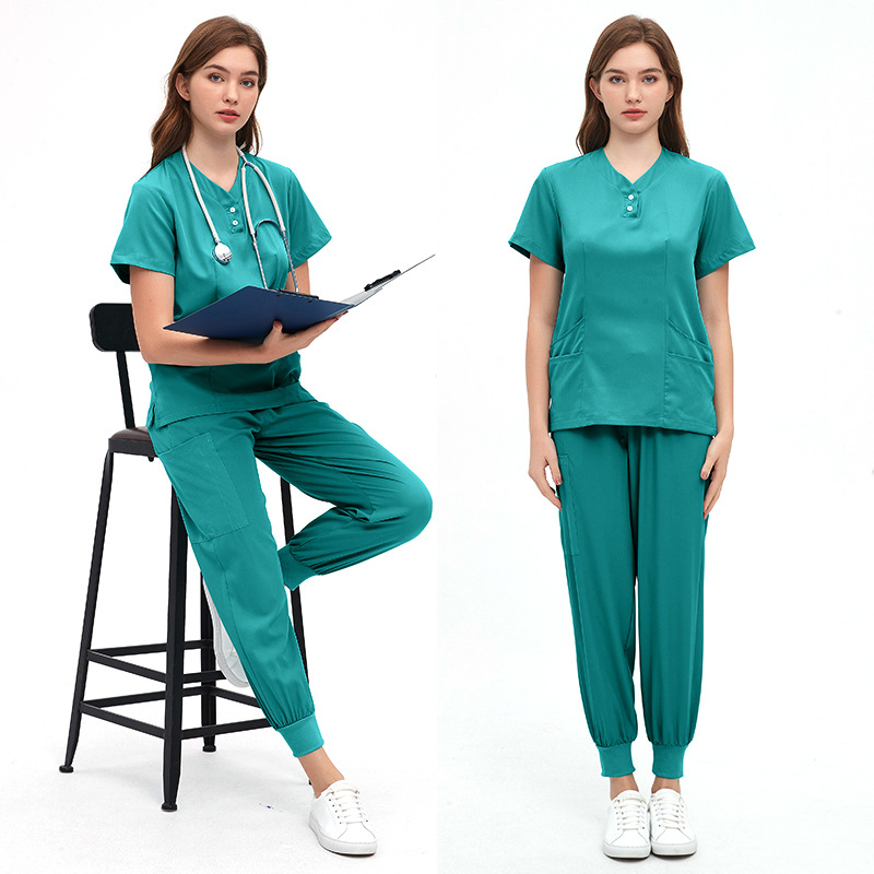 Unisex zdravotnícka súprava pre kozmetické salóny a zubné kliniky, materiál polyester-spandex s odvádzaním vlhkosti, krátke rukávy, V-krk, dvojdielny set (vrch a nohavice), jar 2024.