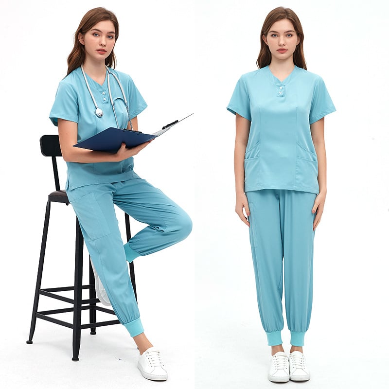 Unisex zdravotnícka súprava pre kozmetické salóny a zubné kliniky, materiál polyester-spandex s odvádzaním vlhkosti, krátke rukávy, V-krk, dvojdielny set (vrch a nohavice), jar 2024.