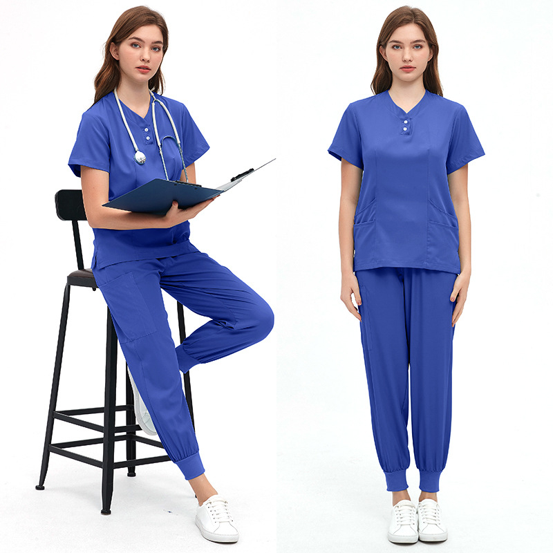 Unisex zdravotnícka súprava pre kozmetické salóny a zubné kliniky, materiál polyester-spandex s odvádzaním vlhkosti, krátke rukávy, V-krk, dvojdielny set (vrch a nohavice), jar 2024.