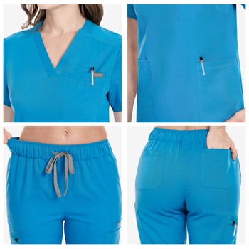 Nianqing universāls medicīnas apģērbu komplekts ar V formas kaklu, īsām piedurknēm un biksēm, mitrumu novadājošs poliestera/elastāna audums