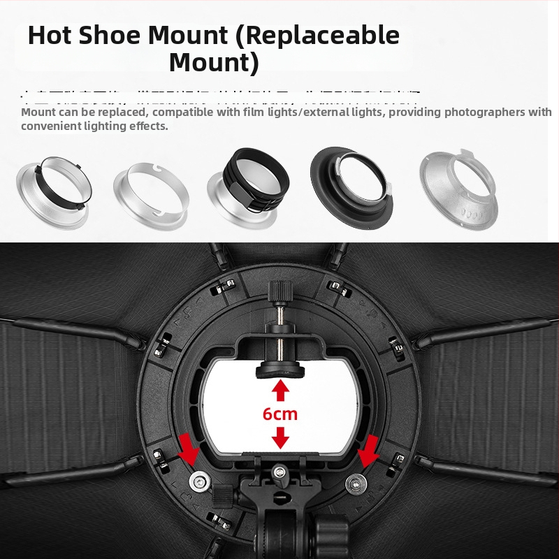 Oktagoninis minkštas softbox viršutinei blykstei — aliuminio lydinys, modeliai KS55 KS65 KS90 KS120, svoris 0,64 kg