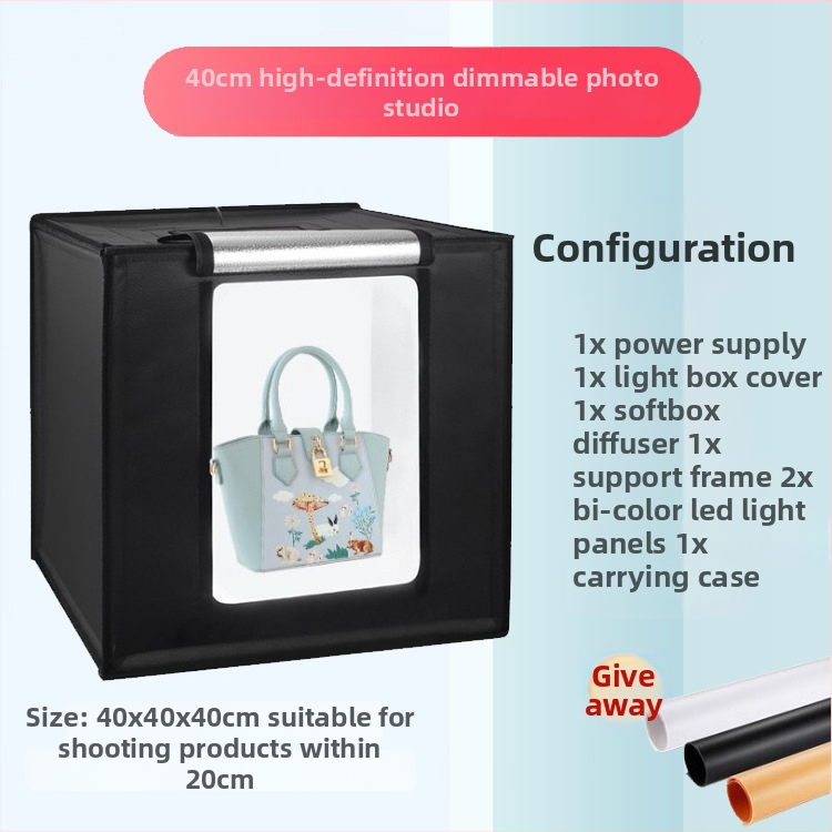 LED šviesos dėžė studijai – sulankstoma, nešiojama švelniu apšvietimu still life fotografijoms; konstrukcija iš aliuminio plėvelės ir Oxford audinio; svoris 2,5/4/5,8 kg