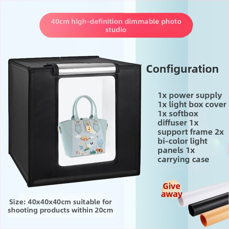 LED šviesos dėžė studijai – sulankstoma, nešiojama švelniu apšvietimu still life fotografijoms; konstrukcija iš aliuminio plėvelės ir Oxford audinio; svoris 2,5/4/5,8 kg