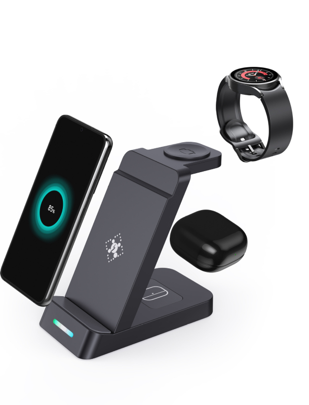 Vertikalni stalak 3-u-1 bežični punjač za Apple i Samsung uređaje, slušalice i sat – 20W max, izlazni tok 3A, izlazna snaga 15W, QC3.0, bez magnetskog punjenja
