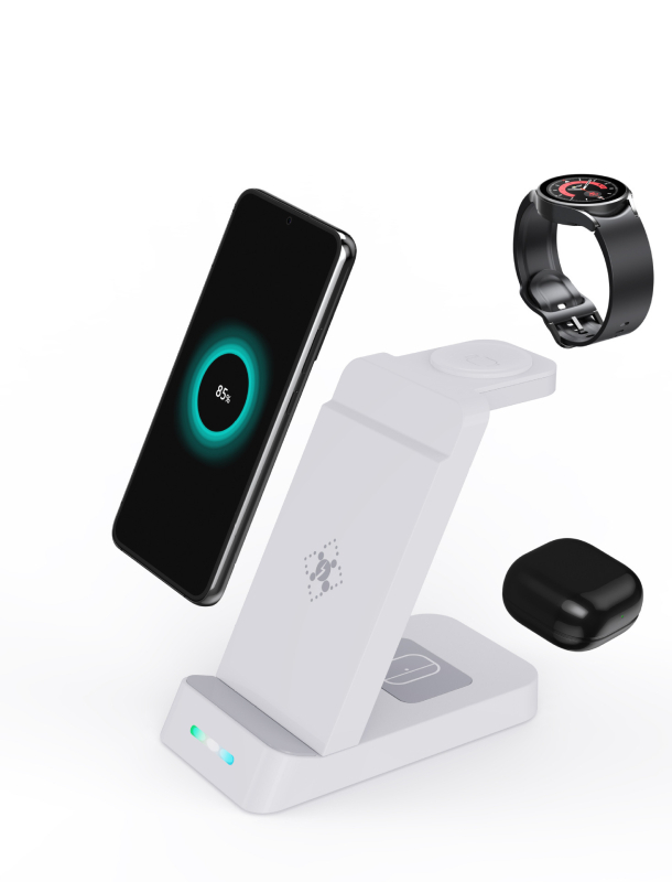 Vertikalni stalak 3-u-1 bežični punjač za Apple i Samsung uređaje, slušalice i sat – 20W max, izlazni tok 3A, izlazna snaga 15W, QC3.0, bez magnetskog punjenja