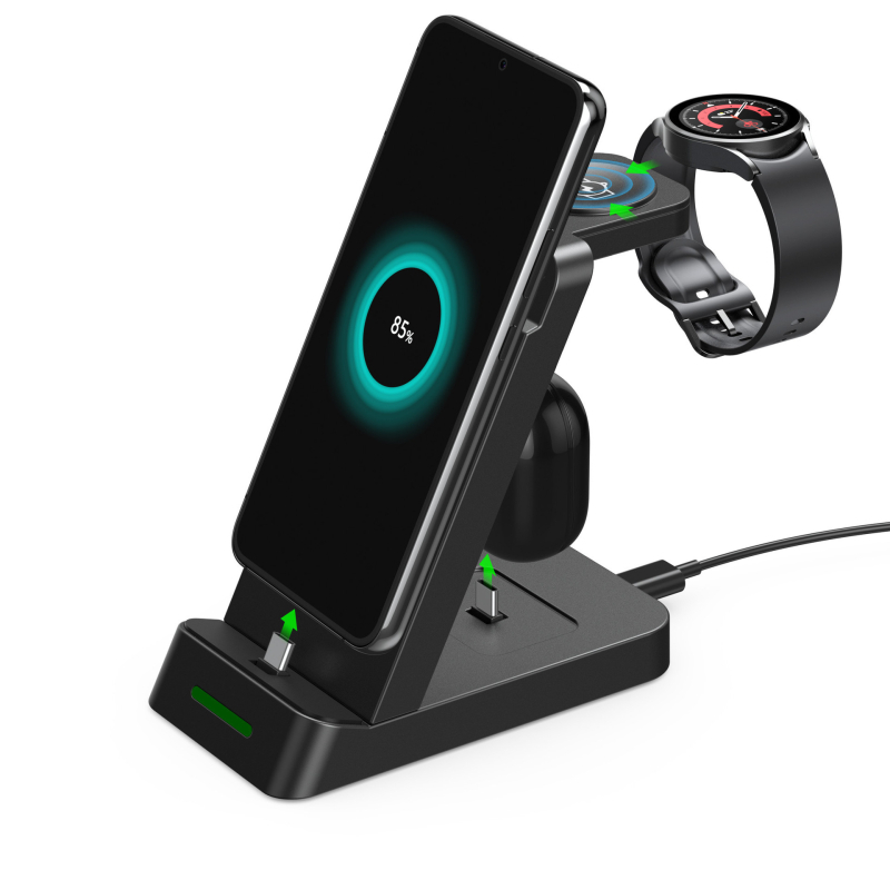 Vertikalni stalak 3-u-1 bežični punjač za Apple i Samsung uređaje, slušalice i sat – 20W max, izlazni tok 3A, izlazna snaga 15W, QC3.0, bez magnetskog punjenja