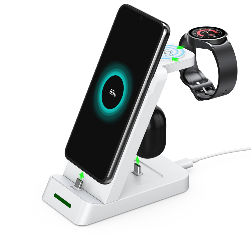 Vertikalni stalak 3-u-1 bežični punjač za Apple i Samsung uređaje, slušalice i sat – 20W max, izlazni tok 3A, izlazna snaga 15W, QC3.0, bez magnetskog punjenja