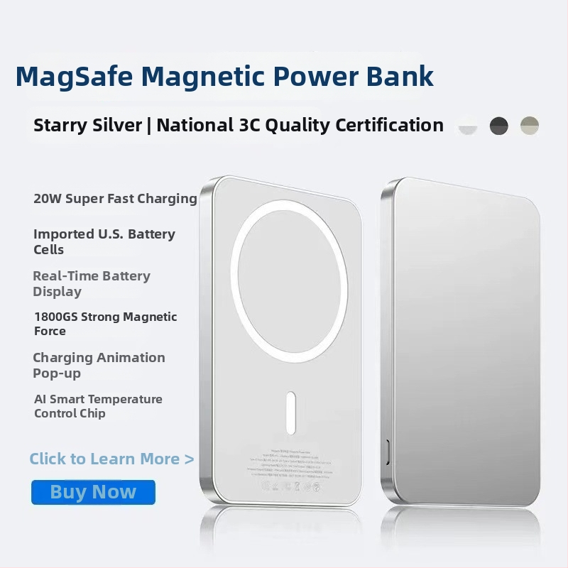 CCC sertificēts MagSafe bezvadu Power Bank iPhone ierīcēm – 15W izvads, QC 2.0 ātrā uzlāde