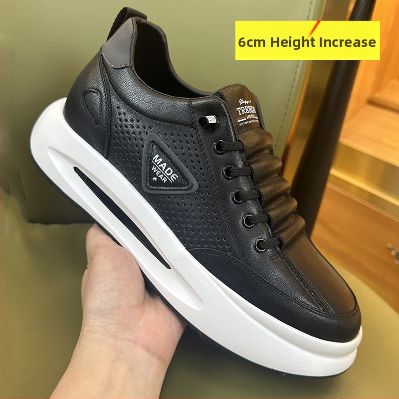 Vīriešu ādas sporta apavi ar slēgtu augstuma palielināšanu, virsma no govs ādas, PU iekšējā zolīte ar sietu, gumijas zole, zems papēdis 1-3 cm