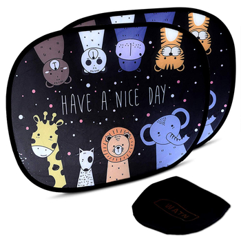 Parasolar pentru geamuri auto, material PVC+ plasă; instalare cu bandă adezivă; stil desen animat; imprimare logo disponibilă; personalizare începând de la 300 de bucăți