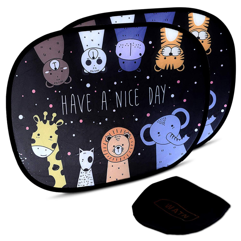 Parasolar pentru geamuri auto, material PVC+ plasă; instalare cu bandă adezivă; stil desen animat; imprimare logo disponibilă; personalizare începând de la 300 de bucăți