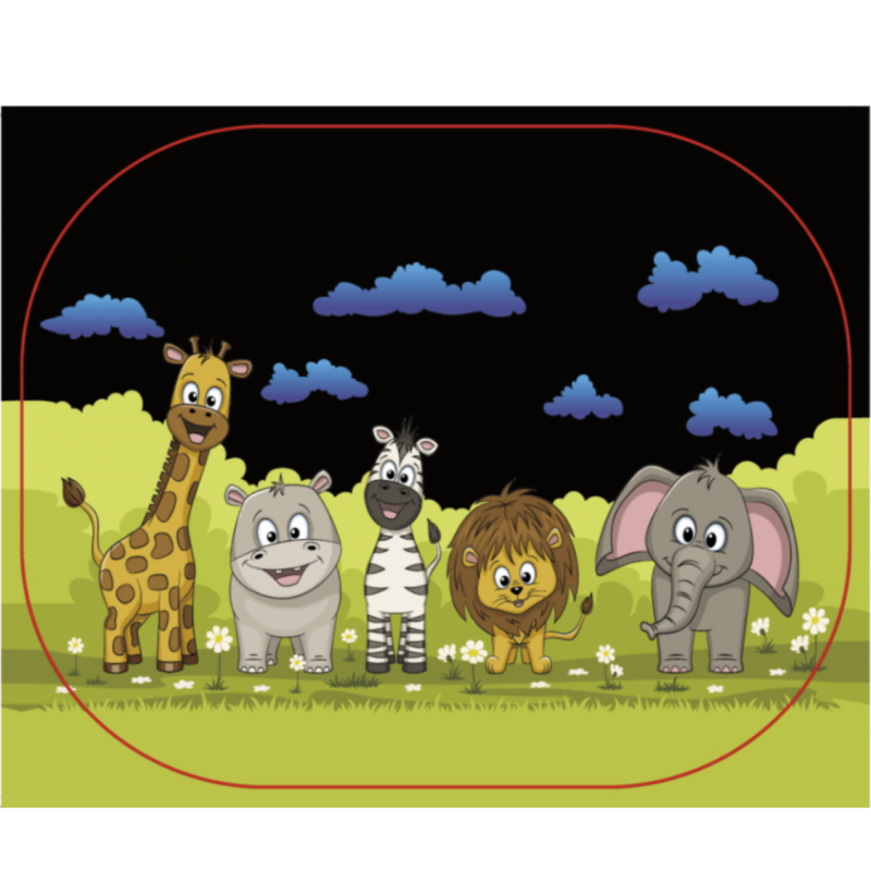 Parasolar pentru geamuri auto, material PVC+ plasă; instalare cu bandă adezivă; stil desen animat; imprimare logo disponibilă; personalizare începând de la 300 de bucăți