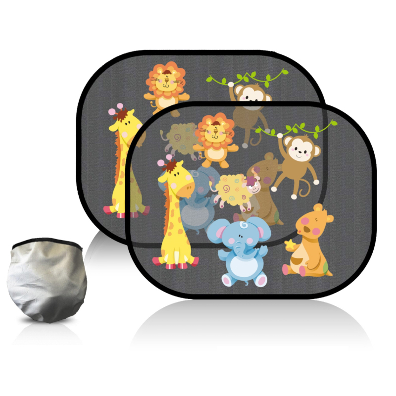 Parasolar pentru geamuri auto, material PVC+ plasă; instalare cu bandă adezivă; stil desen animat; imprimare logo disponibilă; personalizare începând de la 300 de bucăți