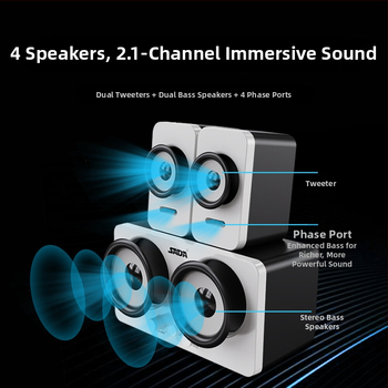 Datoru skaļruņi 2.1 ar USB barošanu, galda veidols, 3,5 mm ligzda, frekvenču diapazons 40 Hz–20 kHz, jauda 3 W