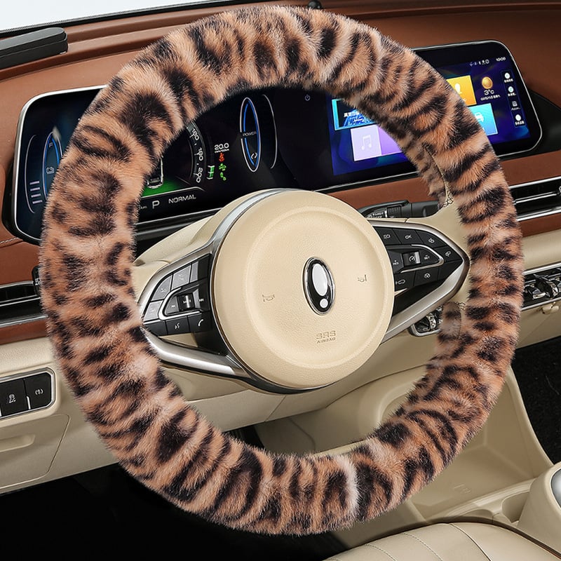 Husă pentru volan din pluș pentru iarnă, imprimeu leopard, potrivire universală, anti-derapant, durabilă