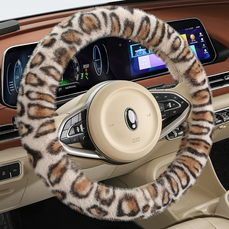 Husă pentru volan din pluș pentru iarnă, imprimeu leopard, potrivire universală, anti-derapant, durabilă