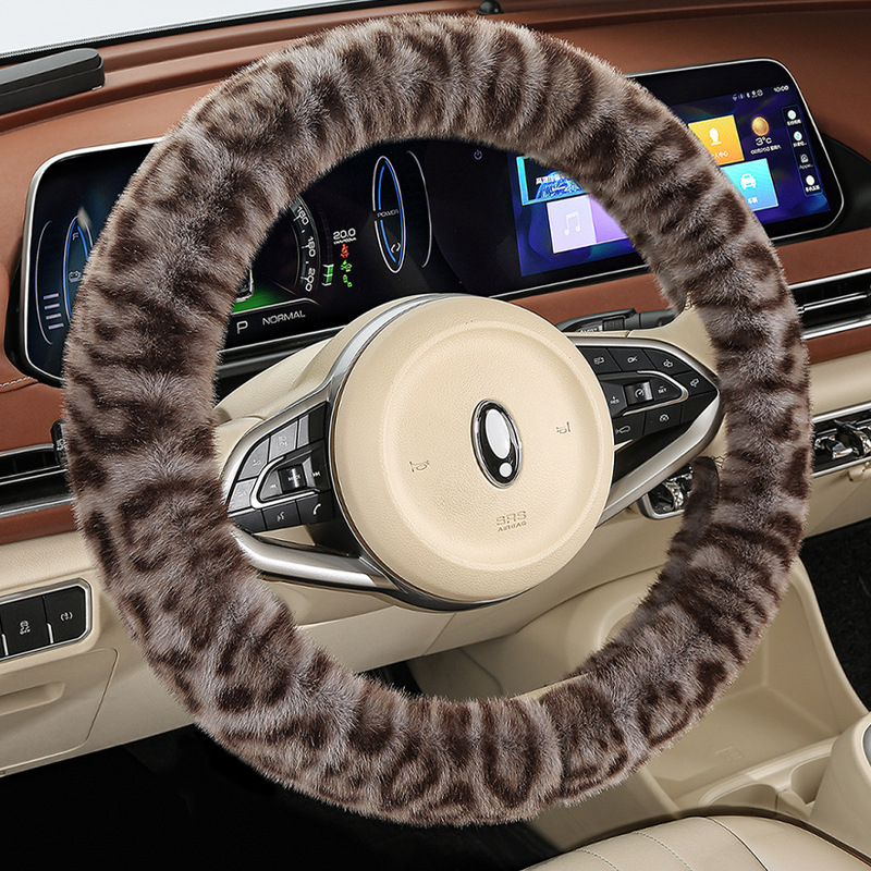 Husă pentru volan din pluș pentru iarnă, imprimeu leopard, potrivire universală, anti-derapant, durabilă