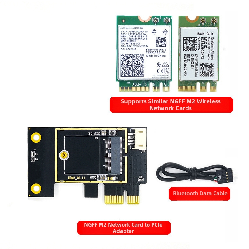 WTXUP NGFF M.2–PCIe juhtmevaba võrgukaardi adapter; ühilduv 7260/8265/1650/1675X/AX200/AX210; komplektis: ülekandeplaat, kaitseümbris, ühenduskaabel, kruvikesed, Bluetooth-kaabel, antenn; juhtmevaba kaart ei ole kaasas