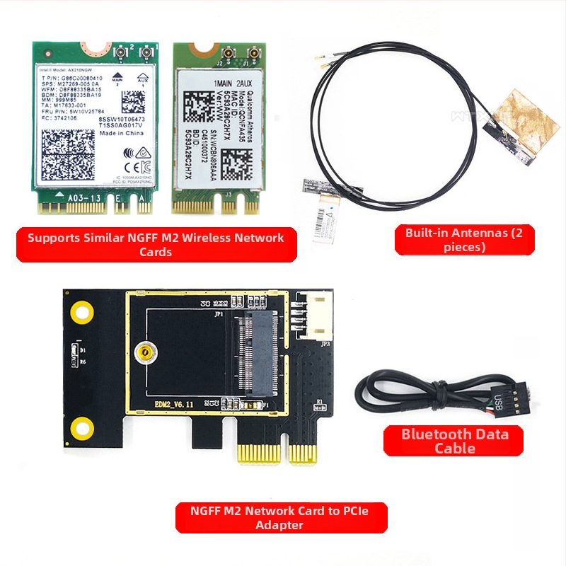 WTXUP NGFF M.2–PCIe juhtmevaba võrgukaardi adapter; ühilduv 7260/8265/1650/1675X/AX200/AX210; komplektis: ülekandeplaat, kaitseümbris, ühenduskaabel, kruvikesed, Bluetooth-kaabel, antenn; juhtmevaba kaart ei ole kaasas