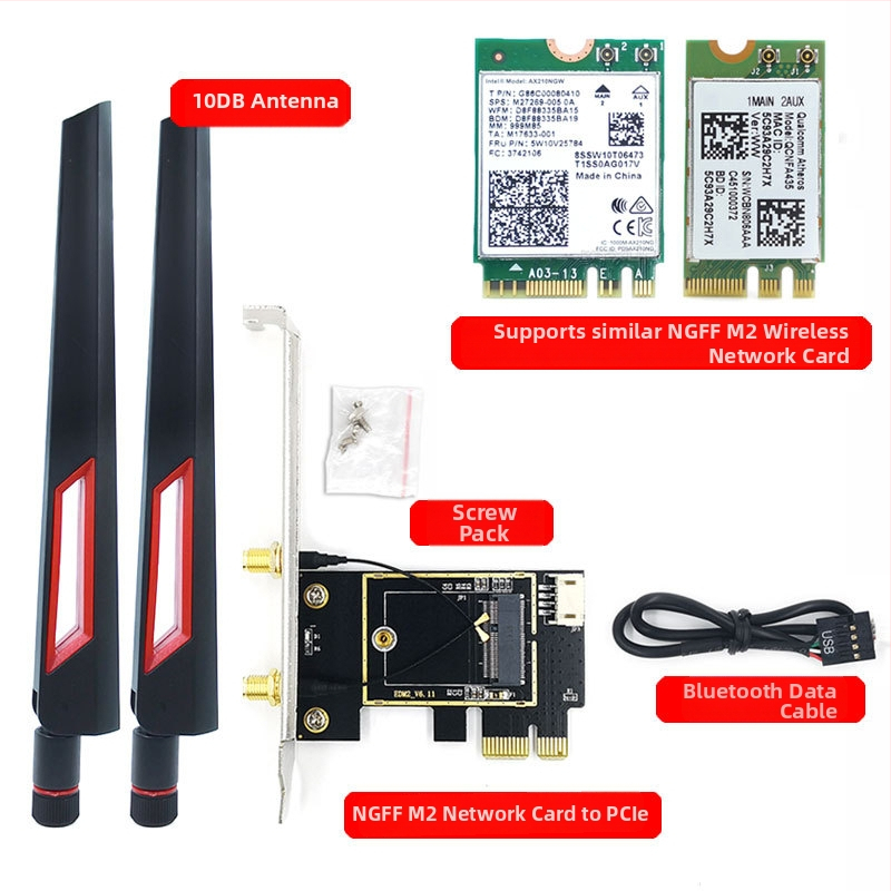 WTXUP NGFF M.2 към PCIe безжичен адаптер за мрежова карта, съвместим с 7260/8265/1650/1675X/AX200/AX210; включени: платка за прехвърляне, защитно покритие, свързващ кабел, винтове, Bluetooth кабел, антена; безжична карта не е включена