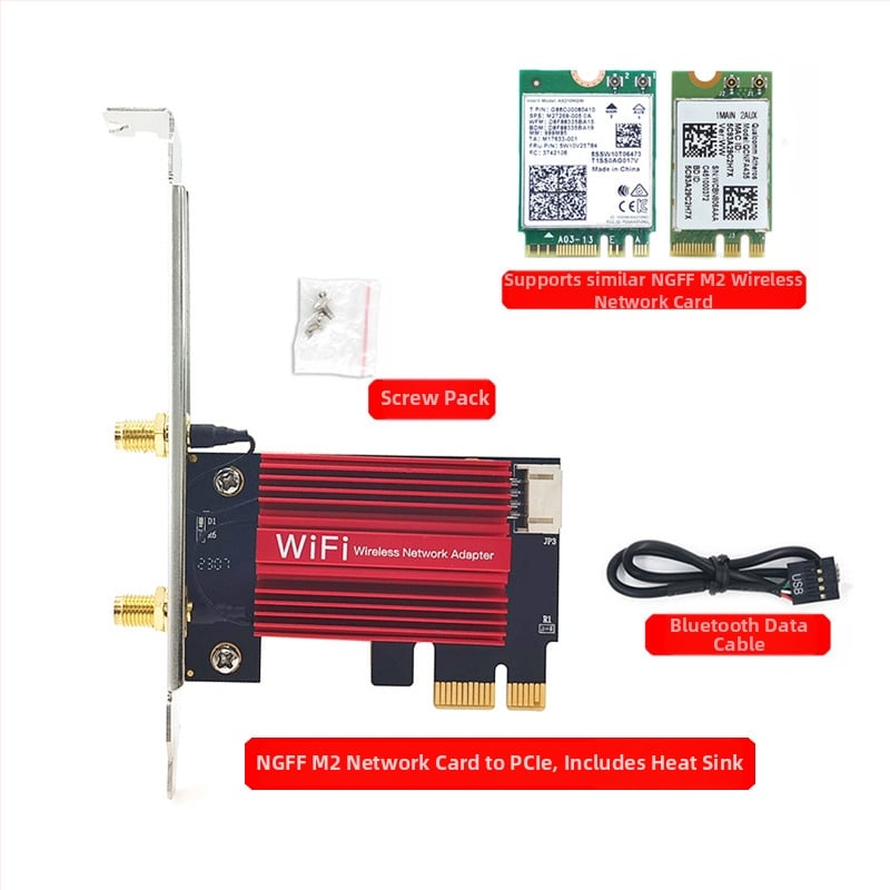 WTXUP NGFF M.2 към PCIe безжичен адаптер за мрежова карта, съвместим с 7260/8265/1650/1675X/AX200/AX210; включени: платка за прехвърляне, защитно покритие, свързващ кабел, винтове, Bluetooth кабел, антена; безжична карта не е включена