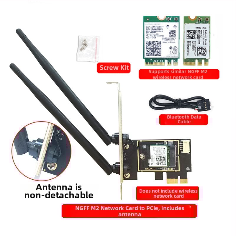 WTXUP NGFF M.2 към PCIe безжичен адаптер за мрежова карта, съвместим с 7260/8265/1650/1675X/AX200/AX210; включени: платка за прехвърляне, защитно покритие, свързващ кабел, винтове, Bluetooth кабел, антена; безжична карта не е включена
