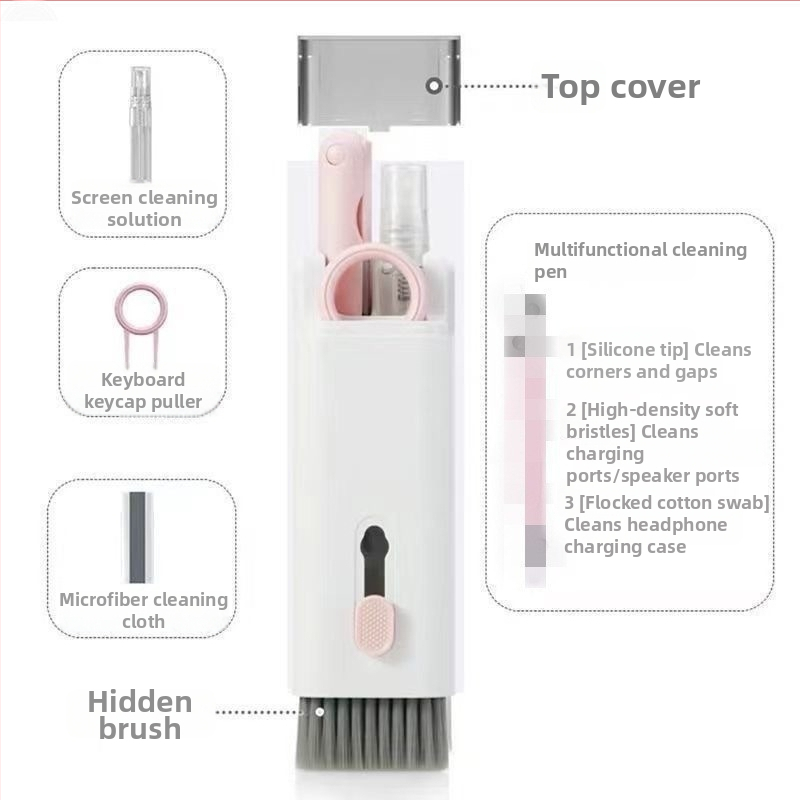 7-in-1 tīrīšanas komplekts tastatūrai ar taustiņu izvilkšanas rīku, tīrīšanas rīkiem telefona ekrānam un Bluetooth austiņām – ABS, 90 g, savietojams ar klaviatūru, universāls tīrīšanas komplekts