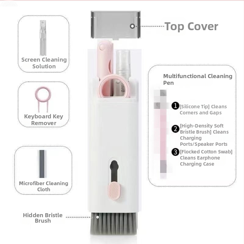 7-in-1 tīrīšanas komplekts tastatūrai ar taustiņu izvilkšanas rīku, tīrīšanas rīkiem telefona ekrānam un Bluetooth austiņām – ABS, 90 g, savietojams ar klaviatūru, universāls tīrīšanas komplekts