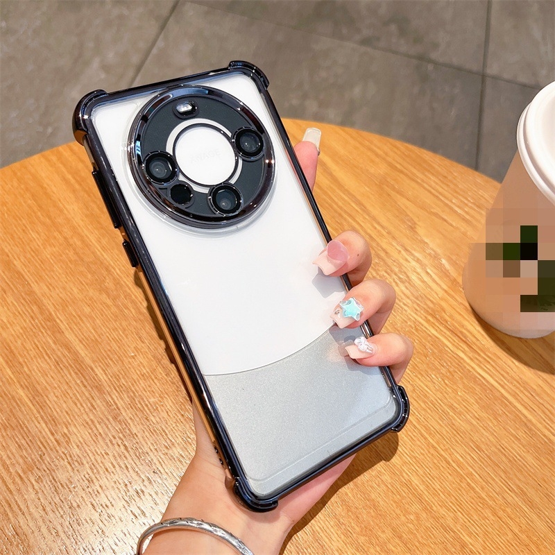 Kryt Huawei Mate60 Pro s airbagom na štyroch rohoch, priehľadný ochranný kryt objektívu s elektroplátovaním, PC+TPU