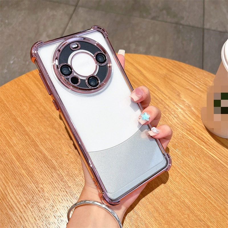 Kryt Huawei Mate60 Pro s airbagom na štyroch rohoch, priehľadný ochranný kryt objektívu s elektroplátovaním, PC+TPU