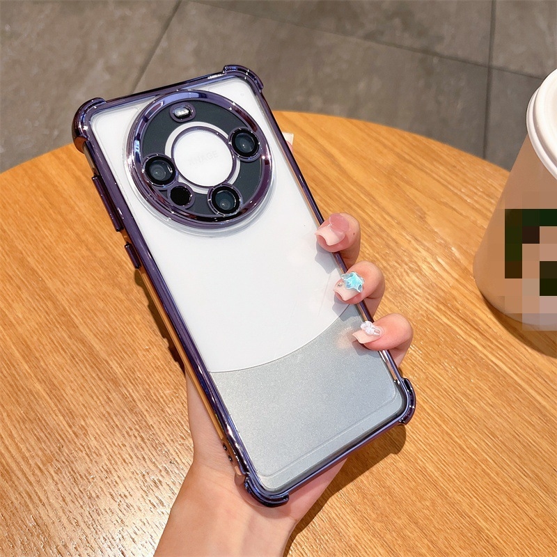 Kryt Huawei Mate60 Pro s airbagom na štyroch rohoch, priehľadný ochranný kryt objektívu s elektroplátovaním, PC+TPU