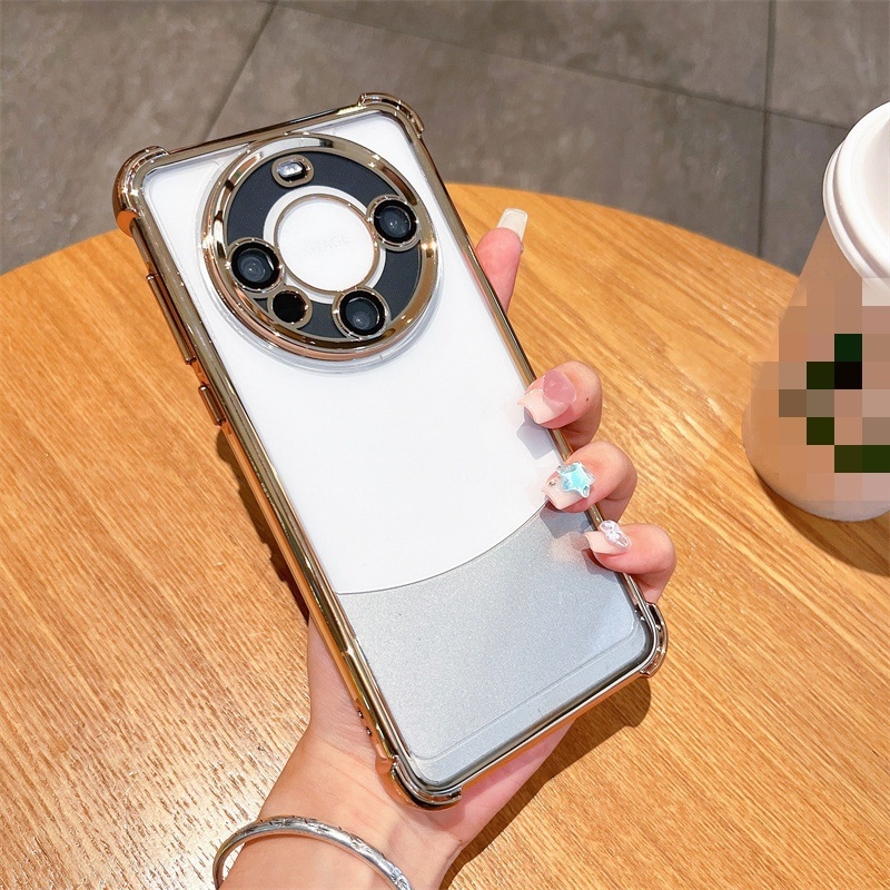 Kryt Huawei Mate60 Pro s airbagom na štyroch rohoch, priehľadný ochranný kryt objektívu s elektroplátovaním, PC+TPU