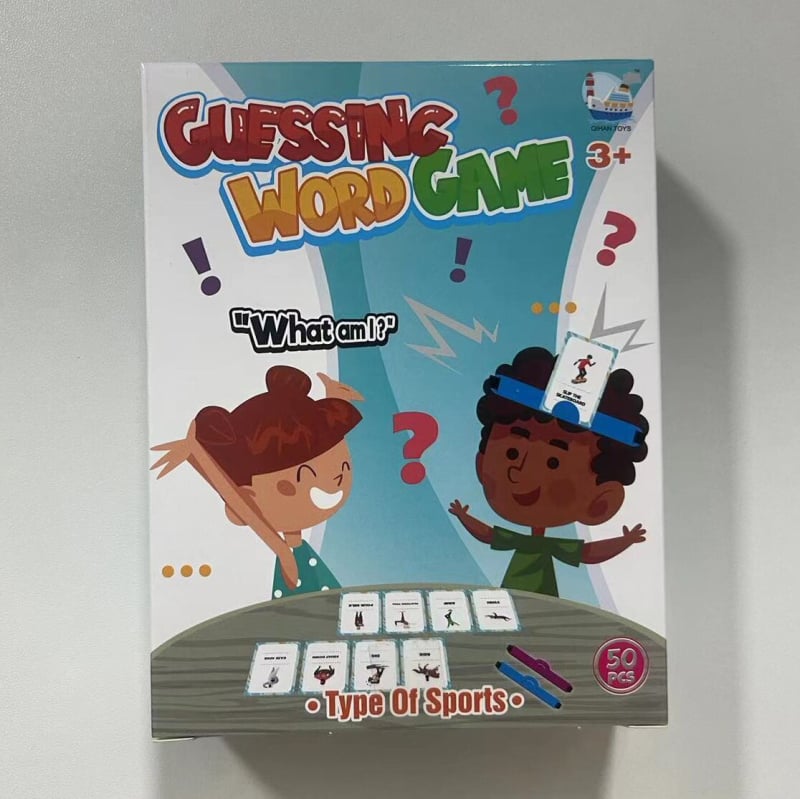 Настолна игра със карти за жестово познаване — семейно взаимодействие, 96 карти (съществителни/глаголи) и 2 ленти за глава, хартия, подходяща за възраст 7-14 години