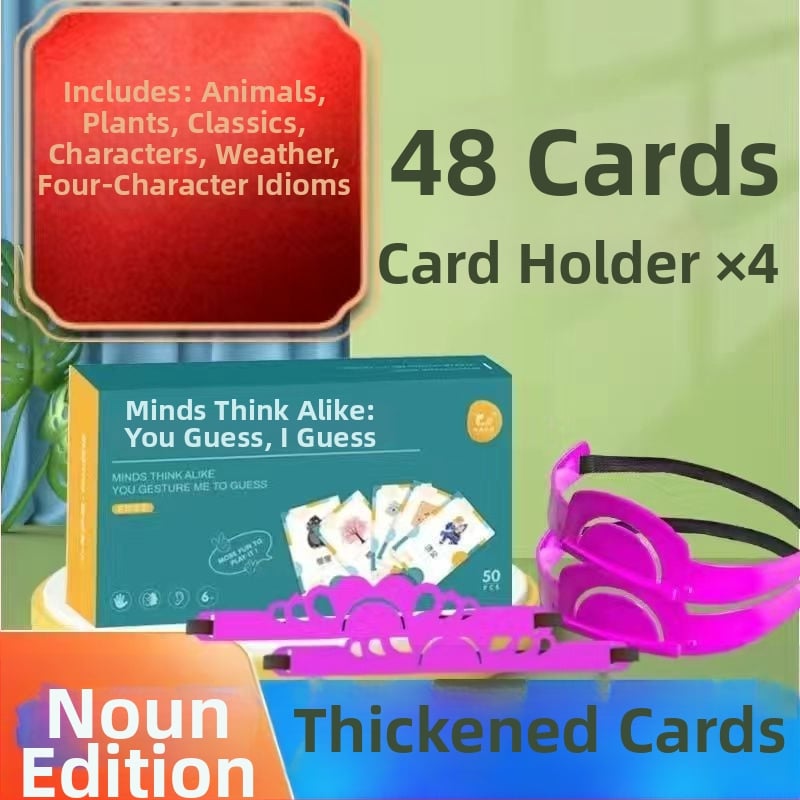 Настолна игра със карти за жестово познаване — семейно взаимодействие, 96 карти (съществителни/глаголи) и 2 ленти за глава, хартия, подходяща за възраст 7-14 години