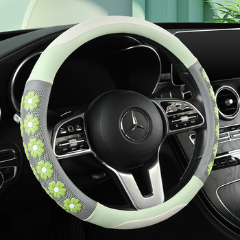 Ādas stūres pārklājs ar 3D ziedu reljefu, dievietes stils, meitenīgs dizains, piemērots visām sezonām, vienkārša uzstādīšana