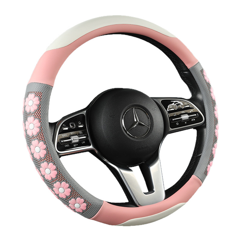 Ādas stūres pārklājs ar 3D ziedu reljefu, dievietes stils, meitenīgs dizains, piemērots visām sezonām, vienkārša uzstādīšana