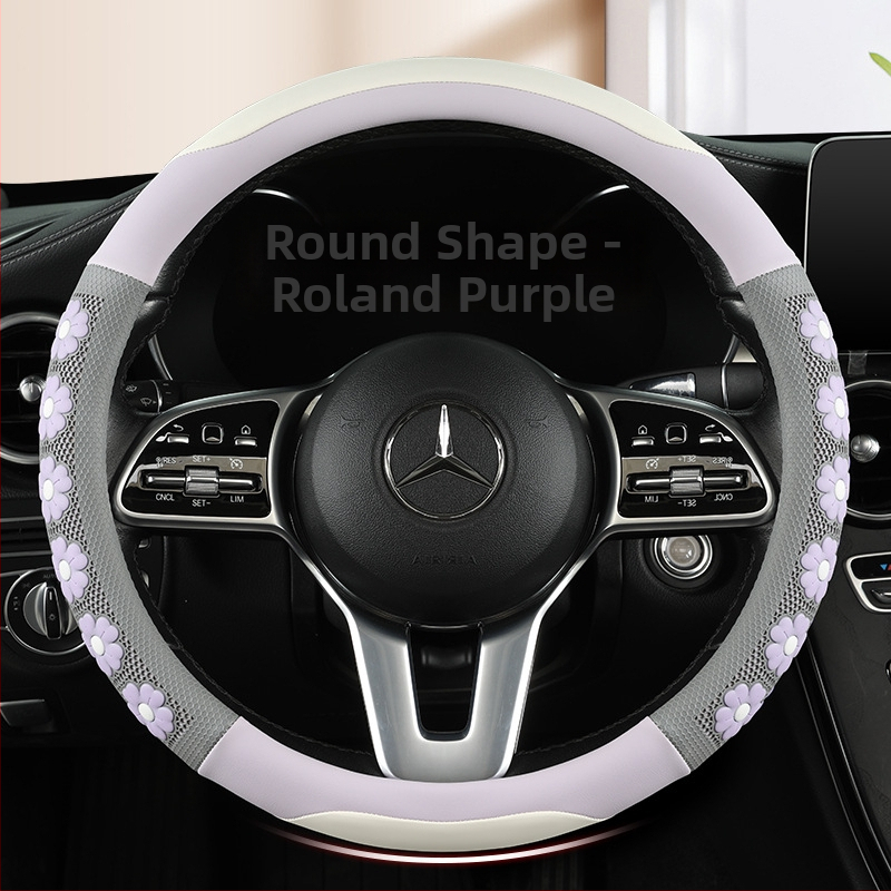 Ādas stūres pārklājs ar 3D ziedu reljefu, dievietes stils, meitenīgs dizains, piemērots visām sezonām, vienkārša uzstādīšana