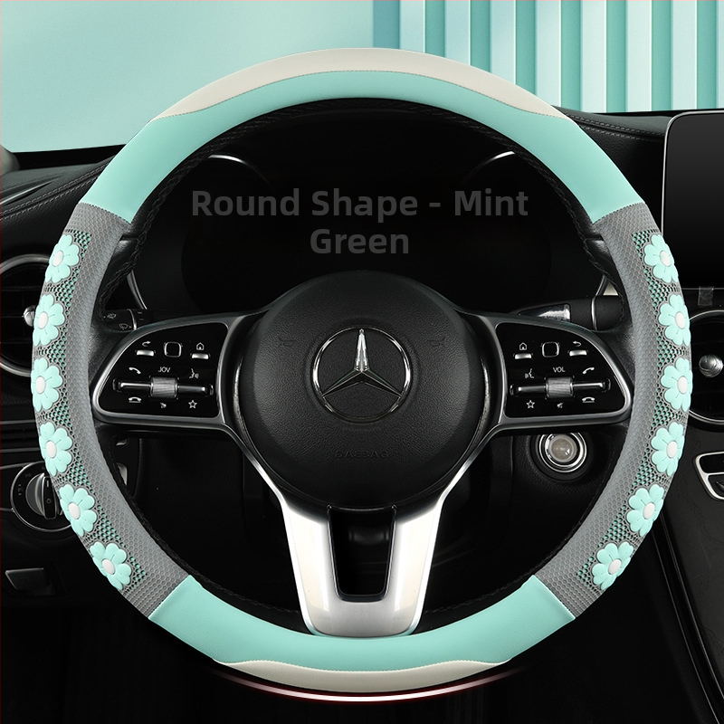 Ādas stūres pārklājs ar 3D ziedu reljefu, dievietes stils, meitenīgs dizains, piemērots visām sezonām, vienkārša uzstādīšana