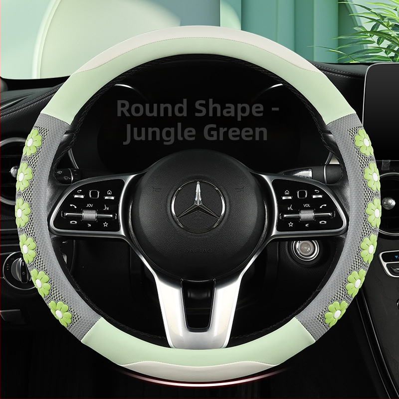 Ādas stūres pārklājs ar 3D ziedu reljefu, dievietes stils, meitenīgs dizains, piemērots visām sezonām, vienkārša uzstādīšana