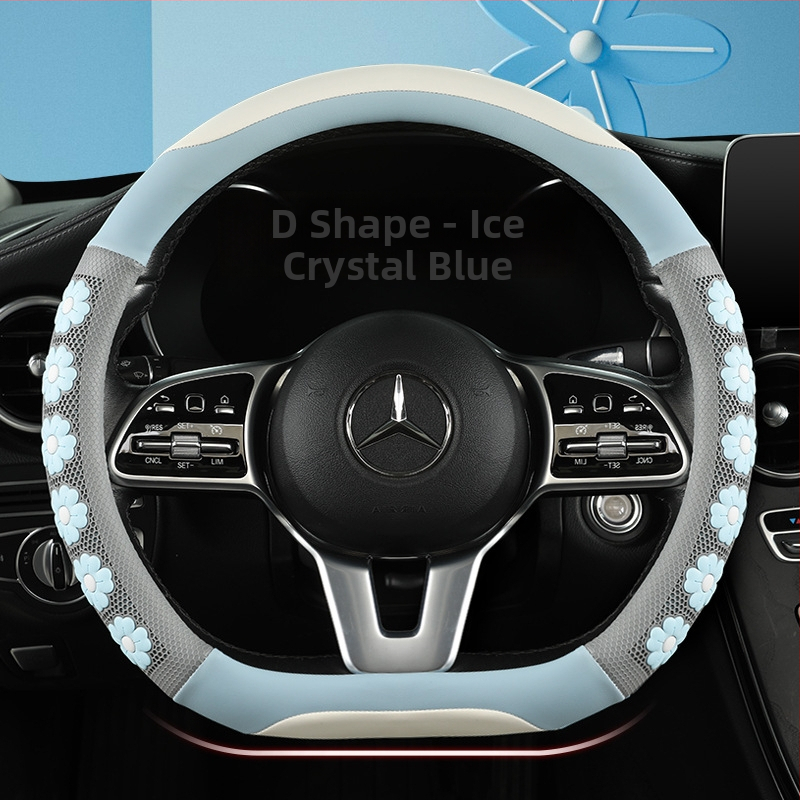 Ādas stūres pārklājs ar 3D ziedu reljefu, dievietes stils, meitenīgs dizains, piemērots visām sezonām, vienkārša uzstādīšana