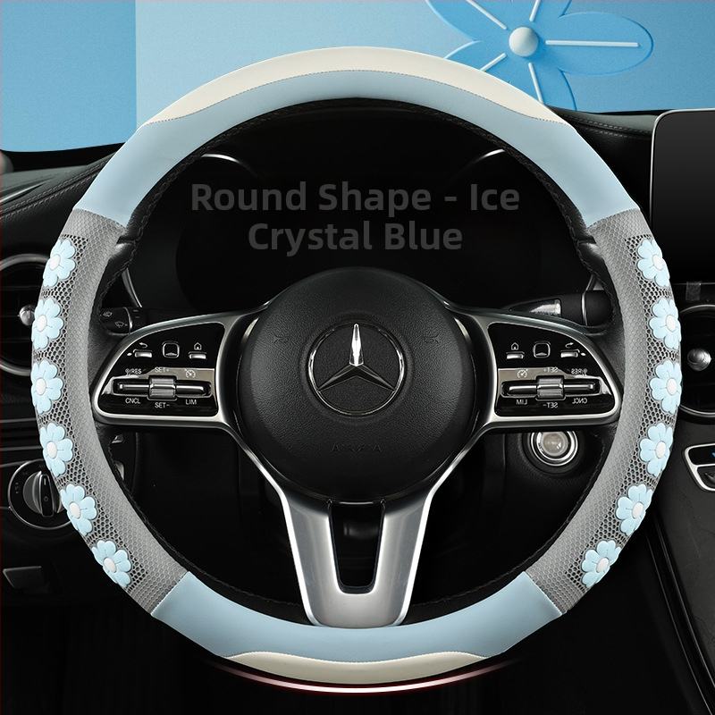 Ādas stūres pārklājs ar 3D ziedu reljefu, dievietes stils, meitenīgs dizains, piemērots visām sezonām, vienkārša uzstādīšana