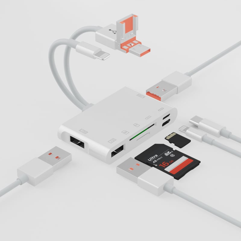 NK-1055TL Pro Cititor de carduri cu conectori multipli: USB-C, Lightning, USB-A, SD/TF