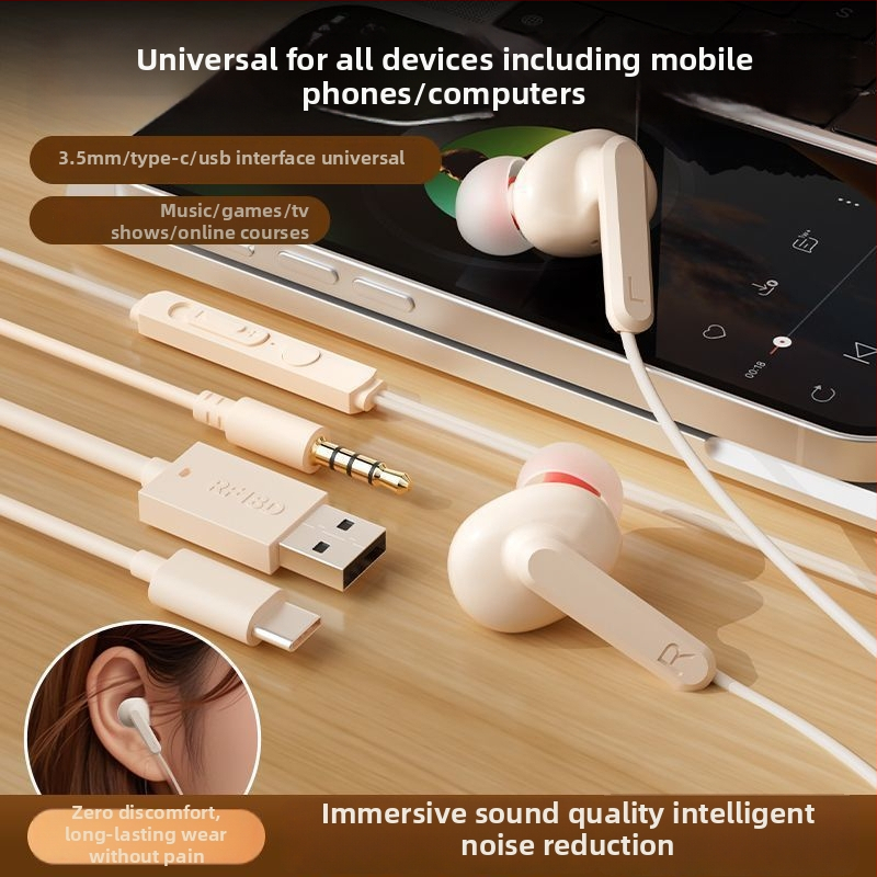 Káblové in-ear slúchadlá s háčikom na ucho, 2 m USB-C kábel, potlačenie šumu, pre karaoke, šport, hry a hovory