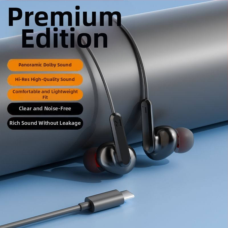 Káblové in-ear slúchadlá s háčikom na ucho, 2 m USB-C kábel, potlačenie šumu, pre karaoke, šport, hry a hovory