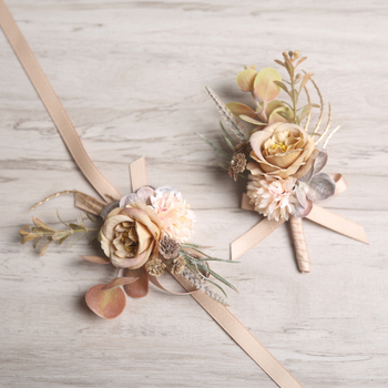 Esküvői csuklós csokor, koreai stílus, selyem virág, kézzel készített, logó nyomtatás elérhető