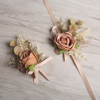 Esküvői csuklós csokor, koreai stílus, selyem virág, kézzel készített, logó nyomtatás elérhető