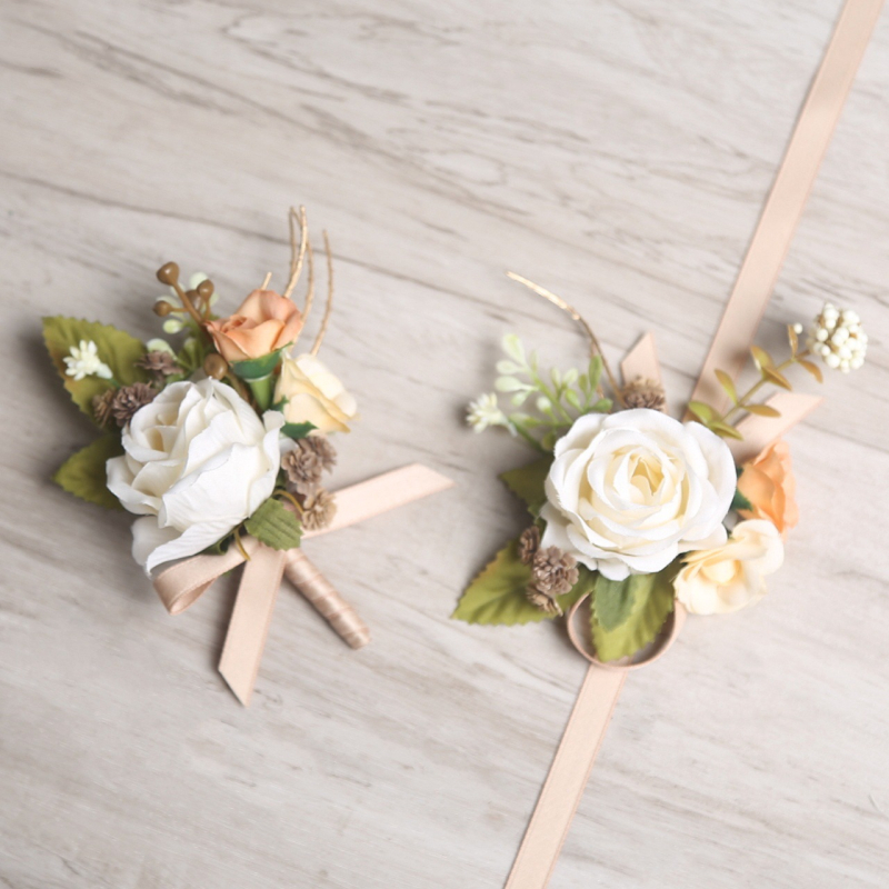 Esküvői csuklós csokor, koreai stílus, selyem virág, kézzel készített, logó nyomtatás elérhető