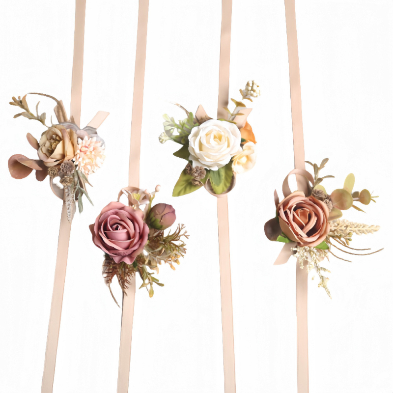 Esküvői csuklós csokor, koreai stílus, selyem virág, kézzel készített, logó nyomtatás elérhető