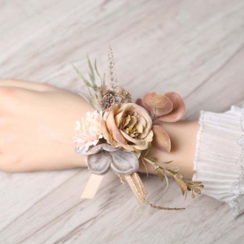 Esküvői csuklós csokor, koreai stílus, selyem virág, kézzel készített, logó nyomtatás elérhető